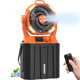 20000mAh Misting Fan with 6L Bucket & 4 Spray Misters, Waterproof Outdoor Cooling Fan for Camping/Patios - Remote Control, 4 LED Light, Stepless Speed & 56H Runtime, Rechargeable Battery, Hanging Hook