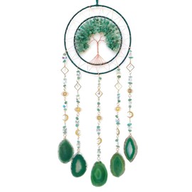 RAGKUU Green Crystal Tree of Life Dream Catcher Wall Decor Large Dream Catchers with Natural Agate Handmade Dreamcatcher Wall Hanging Ornament Art Craft for Bedroom Living Room Home Decor