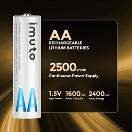 imuto Rechargeable aa Batteries, 2500mWh aa Lithium Batteries 8 Pack, 1.5V 2A Output Double a Battery, 1600+ Cycle Life