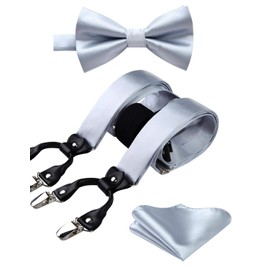 HISDERN Suspenders for Men Adjustable Silver Handkerchief Bowtie & Suspenders Pocket Square Sets Y Shape 6 Clips Formal Tuxedo Wedding Party Braces