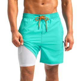 G Gradual Mens Swim Trunks with Compression Liner 5 inch Inseam Quick Dry Bathing Suits with Zipper Pocket-No Thigh Chafing(Cyan,L)