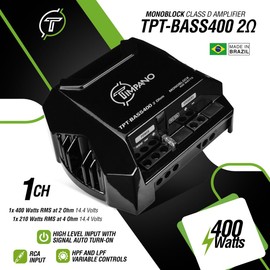 Timpano 400 Watts Mono Subwoofer Car Audio Amplifier TPT-BASS400 2 Ohm – 12 Volts Mini Monoblock Class D Car Amp, Built-in Crossover & Bass Boost with High Level Inputs