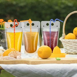 Willbetoper 100Pcs Drink Pouches, 16oz Translucent Drink Bags Pouches with 100 Straws for Cold and Hot Drinks for Adults and Kids