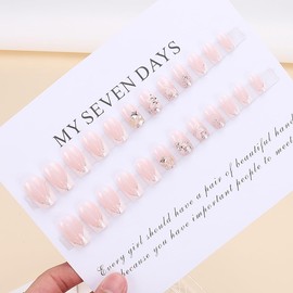 24pcs French Tip Nails - Short, Fake, Square Press Ons in Nude Pink with Glitter Sequins, White Flower Charms, Acrylic Finish