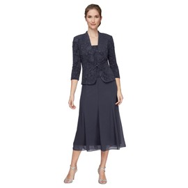 Alex Evenings Women's Tea Length Jacket Dress, Perfect for Weddings, Formal Events (Petite and Regular Sizes), Smoke, 8