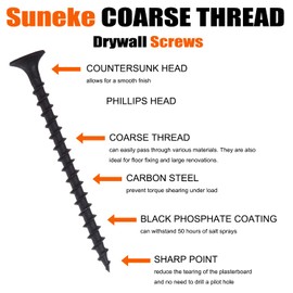 Suneke 170PCS M4.2 X 30mm High Hardness Drywall Screws, Black Phosphate, Coarse Thread, Phillips Drive, Bugle Head, Wood Screws with Organizer Box & 1 Phillips PH2#2 Long Bit