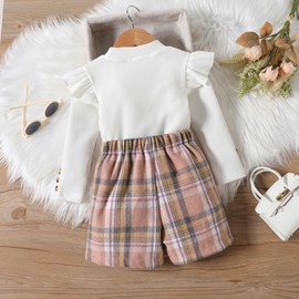 UUAISSO Toddler Baby Girl Clothing Long Sleeve Ribbed Tops Plaid Tweed Pattern Skirt Beret Autumn Button Outfits Sets, white trouser skirt
