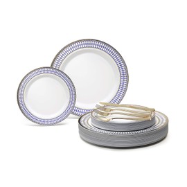 " OCCASIONS " 150pcs set (25 Guests)-Wedding Plastic Plates & cutlery -Disposable heavyweight Dinnerware 10.5'', 7.5'' + Silverware w/double fork (Odyssey White/Blue & Gold)