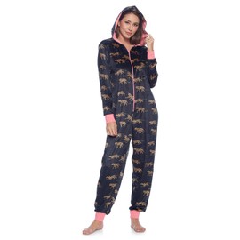 Ashford & Brooks Women's Fleece Hooded One Piece Pajama - Leopard Black - Large