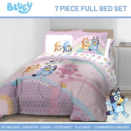 Jay Franco Kids Comforter Set Includes Sheets and Pillow Covers - Soft and Cozy Bed Set for Stylish Room Decor, Pink - Bluey 7 Piece Full Size Bedding