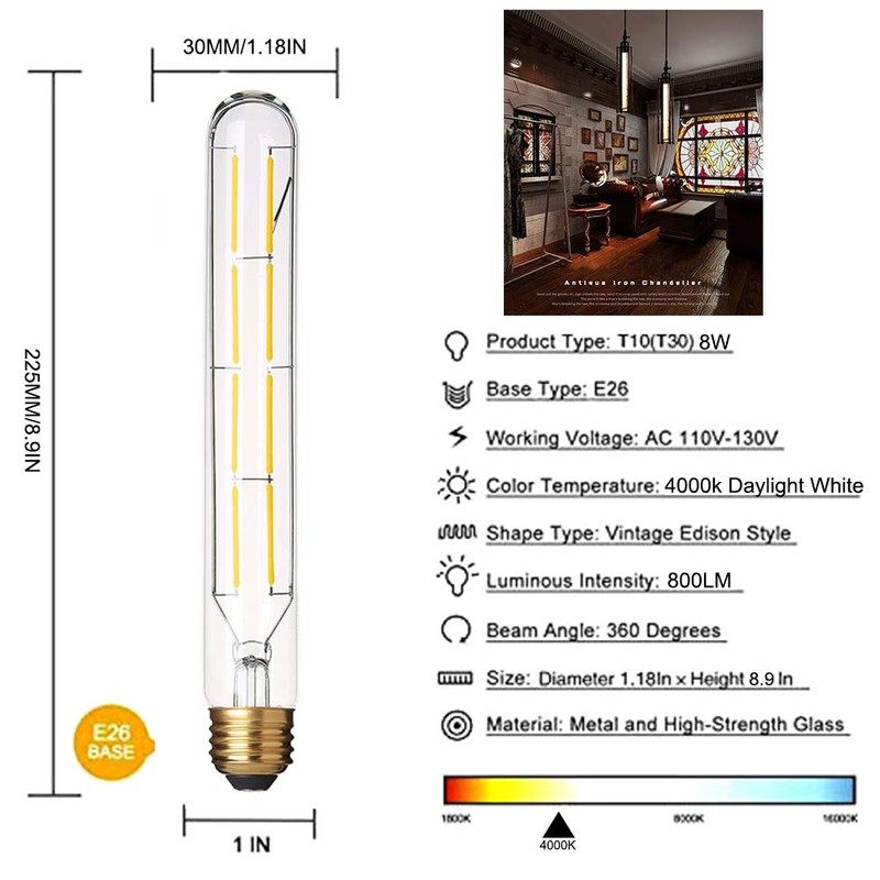 YFXRLIGHT Dimmable T10 Edison Led Long Tubular Bulb 4000k Daylight