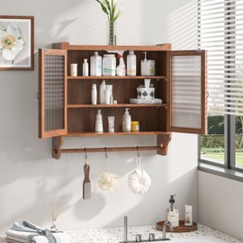 espidoo 24.8" Vintage Wall Mount Cabinet: Solid Wood & Glass Storage with Towel Rack - 3-Tier Organizer for Bathroom Kitchen & Dining Room - Brown Double Door Design with Removable Shelves