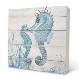 Knibeo Seahorse Decor Box Sign - Ocean Bathroom Decor, 5x5 Inch Watercolor Ocean Wooden Box Sign, Ocean Wall Decor, Seahorse Wall Decor, Coastal Decor for Home