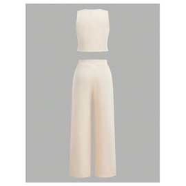 Floerns Girl's 2 Piece Outfit Button Up Vest Jacket with Straight Leg Pants Set Apricot 11Y