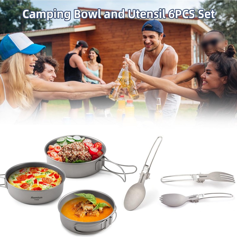 Aomiun Camping Utensil Set 3 Bowls Spoon Fork Combo Titanium