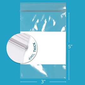GPI GPI - 3" X 5" - Bulk Pack of 200, 4 Mil Thick, Heavy Duty, Clear Plastic Reclosable Zip Bags, with Write-on White Block for Labeling, Strong & Durable Poly Baggies with Resealable Zipper Top Lock.