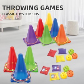 3 in 1 Children's Party Throwing Games - Ring Toss Game, Carnival Game Set, Soft Plastic Cones, Bean Bags, Ring Toss Games for Children's Birthday, Party, Outdoor Games, Accessories, 30-Piece