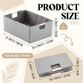 Cinnvoice 3 Pack Fabric Storage Bins for Closet Shelves, Rectangle Wardrobe Organizers with Handle, Collapsible Shelves Storage Basket for Sorting Clothes, Nursery Toy(Grey,15 x 10.6 x 6 Inch)