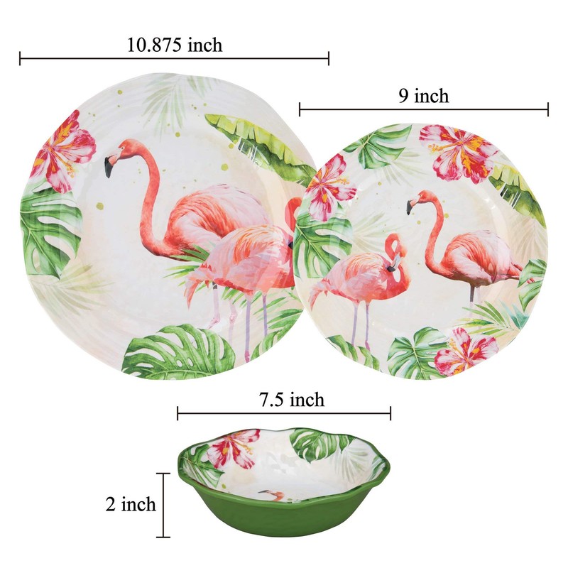 UPware 12 Piece Flamingo Melamine Dinnerware Sets, Outdoor Dishes Set,