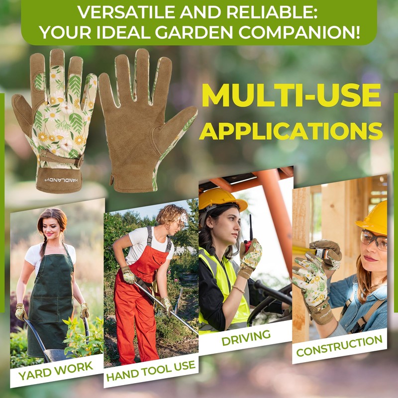 HANDLANDY Gardening Gloves for Women, Utility Goatskin Leather Safety Work