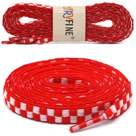 YJRVFINE Flat Checkered Shoe Laces: Wide 5/16" Patterned Shoelaces for Sneakers Red White 45.28 Inch 1 Pair