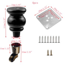 Mewutal 4pcs 6" Height Wooden Furniture Legs with Furniture Casters Gourd Shape Wood Table Legs Swivel Caster Wheels with Round Cup Couch Legs Replacement for Furniture Desk (Black, 5.91")