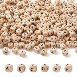 Kissitty 520pcs/bag Cube Wood Beads with Initial 26 Letters 10mm Natural Square Alphabet Wooden Loose Beads for Jewelry DIY Crafts Making PapayaWhip