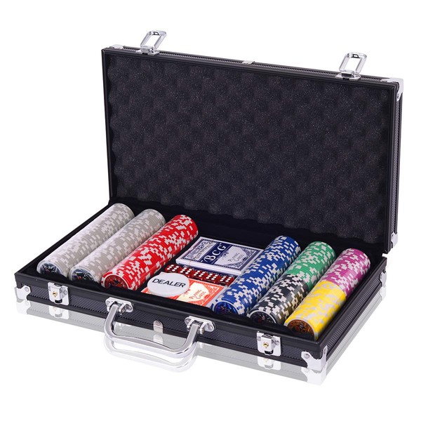 COSTWAY Poker Poker Chips Set of 300 Chips 2 Sets of Cards 5 Dice 1 Button Dealer Aluminium Case (Black)