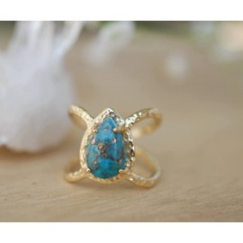 Awmnjtmgpw 18K Gold Inlaid Teardrop pear Shaped Turquoise Ring Size 6-10 (Size 10)