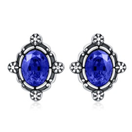 Vintage Earrings 925 Sterling Silver Oxidation Vintage Earrings Stud Earrings with 8 x 6 mm Oval Simulated Birthstone Earrings for Women Ladies, Sterling Silver, Crystal