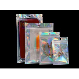 100 Pcs Holographic Color Foil Pouch Bag Reusable Colorful Mylar Foil Bag Resealable Aluminum Zip Lock Bags 10x15cm