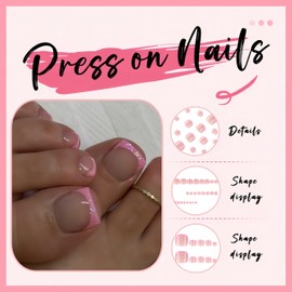 24Pcs Pink French Tip Press on Toenails Short Square Toe Nail Press on Pink Glitter Fake Toe Nail Glossy Full Cover False Toenail Sparkly Glue on Nails Acrylic Toenail Stick on Toenails for Women