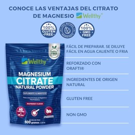Wellthy Citrato de Magnesio en Polvo 600g Sabor Raspberry. 60 Días de Porciones, Equivalente a 417mg de Magnesio por Porción, Reforzado con Fibra Preb