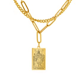 TEAMER Double Layer Necklace Vintage Tarot Jewelry Good Luck Amulet Pendants Stainless Steel Necklace (Gold-THE EMPEROR)