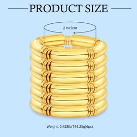 Ornaland 6 Pcs Gold Bracelets for Women Chunky Bangles 14K Gold Stretch Stack Tube Curved Bamboo Stretch Bracelets Set Gift Jewelry