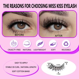 Miss Kiss 6 Pairs Lashes Cat Eye Natural Look Lash Soft Fluffy Faux Mink Eyelashes Wispy Manga Russian C Curl Eye Lash 3D False Lashes Strip 13 MM