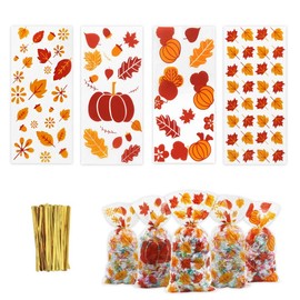 100 Pieces Thanksgiving Fall Cellophane Bags, Maple Leaves Pumpkin Printed Clear Treat Bags, 4 Design Goodie Candy Cello Bag with Twist Ties for Thanksgiving Favor Autumn Theme Party Supplies