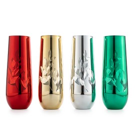 Multicolor 4-Piece Tree Holiday Stemless Champagne Glasses - Christmas Red Green Yellow Silver, Housewarming Gift For Her, Him Party Décor, Colored Trees Décor, Kitchen Home Decoration (Flutes)