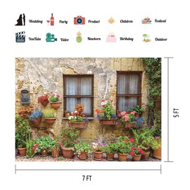 EOA 7(W) x5(H) FT Italian Tuscan Street Old Wall Flower Backdrop for Photography Italy Old City Town Medieval Architecture Summer Background for Wedding Birthday Grand Events Photo Booth Props