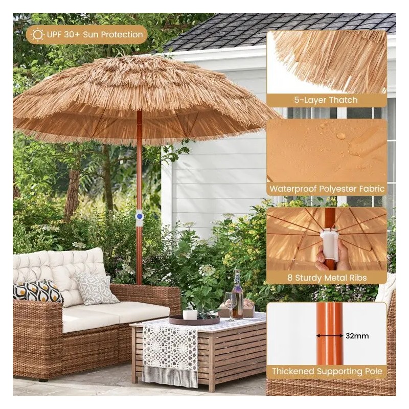 Thatched Patio Umbrella 6 Ft Tilt Design Wood Pole Straw