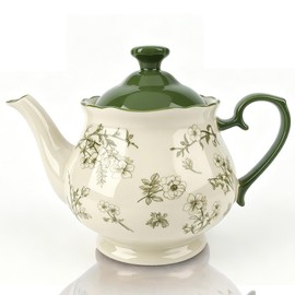 45oz Bone China Teapot, Vintage Green Floral Large Tea Pot for 4-6 People