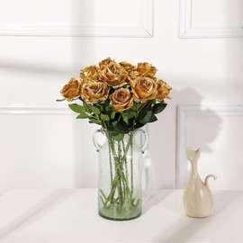 FLORRALIA Gold Fake Roses Artificial Flowers - 10 Pcs Fake Artificial Roses Silk Flowers with Stems for Home Wedding Hotel Office Centerpiece Decor