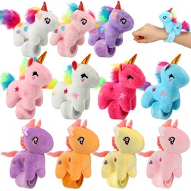 Hollowfly 12 Pcs Unicorn Slap Bracelets Plush Animal Slap Bracelets Bulk 8 Inch Furry Slap Band Stuffed Animals for Boys Girls Unicorn Party Favors Birthday Gifts