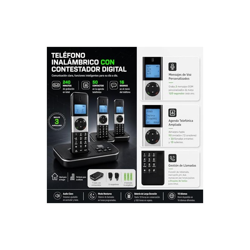 D1002 TAM-T Teléfono Inalámbrico de 3 Auriculares, con Contestador Automático