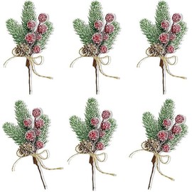 6Pcs Christmas Berries Red Stems Evergreen Pine Branches, Christmas Picks Spray Artificial Pine Cones Holly Stem Craft, Winter Holiday Floral Picks for Decoration DIY Xmas Garland Wreath Décor (Red)