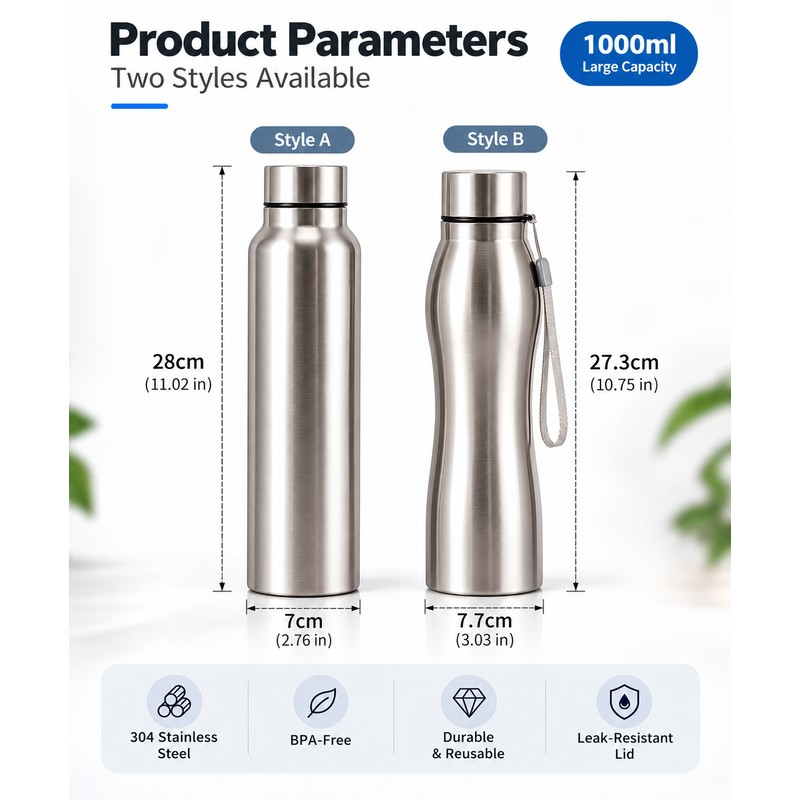 1000ml Stainless Steel Water Bottle for Daily Hydration – Wide