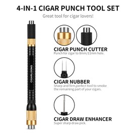 Demcigar 4-in-1 Cigar Punch Multitool Set,Stainless Steel Dual Size Cigar Hole Opener(8mm/11mm) with Enhancer Cutter Sharp Cigar Draw and Twin Nubber(Black&Red)