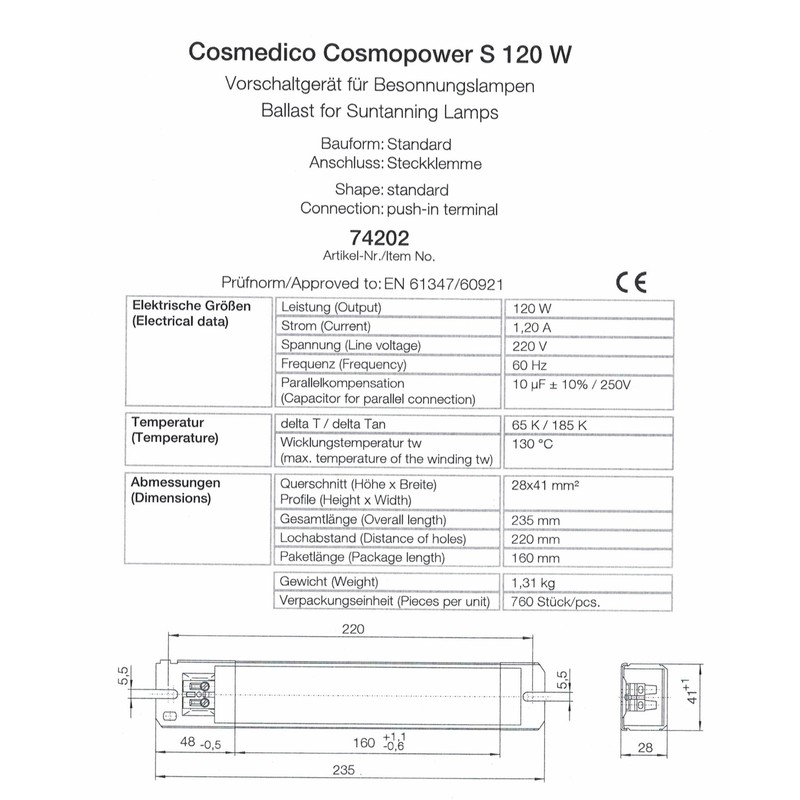 CosmoPower S 120W Choke Ballast - 220V - 60 Hz