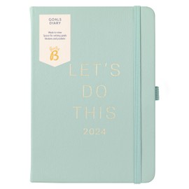 Busy B - Goals Diary January to December 2024 - Sage - A5 Faux Leather Week to View Goal Setting Planner with Stickers, Pockets and Notes
