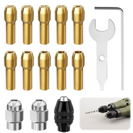 15PCS Drill Chuck Collet Set, Drill Chuck Adapter for Dremel Rotary Tool with 4485 Metal Nut 2pcs, 4486 Brass Collets 1pc, 10pcs Copper Core 0.5-3.2mm Shank, Compatible with Dremel Accessories